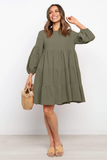 cotton and linen lantern sleeves long sleeve stitching loose swing dress