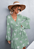 V-neck cross flared sleeve printed strap dress