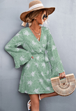 V-neck cross flared sleeve printed strap dress