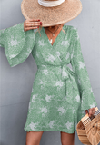 V-neck cross flared sleeve printed strap dress