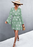 V-neck cross flared sleeve printed strap dress