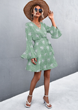V-neck cross flared sleeve printed strap dress
