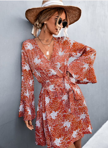 V-neck cross flared sleeve printed strap dress