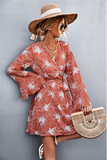 V-neck cross flared sleeve printed strap dress