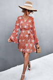 V-neck cross flared sleeve printed strap dress