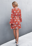 V-neck cross flared sleeve printed strap dress