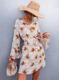 V-neck cross flared sleeve printed strap dress