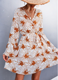 V-neck cross flared sleeve printed strap dress