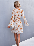 V-neck cross flared sleeve printed strap dress