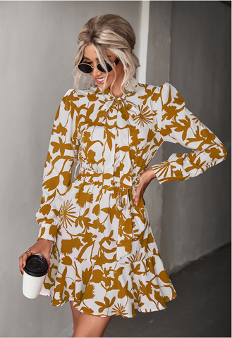 Long-sleeved Woven Belt Waist Dress