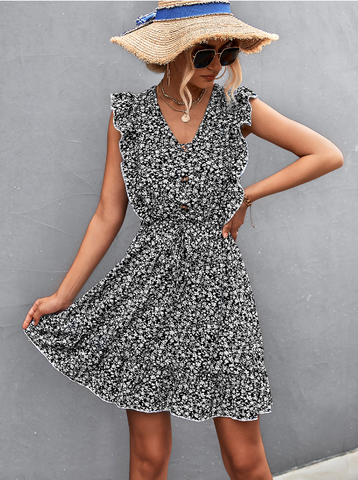 V v-neck button lotus leaf sleeve waist dress