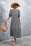 puff sleeve plaid dress splicing cake skirt