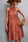 neck strap pleated stitching dress