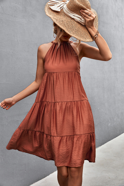 neck strap pleated stitching dress