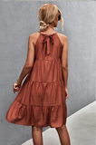 neck strap pleated stitching dress