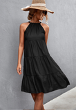 neck strap pleated stitching dress