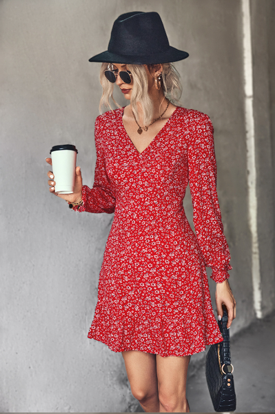 printed horn long sleeve ruffled dress