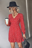 printed horn long sleeve ruffled dress