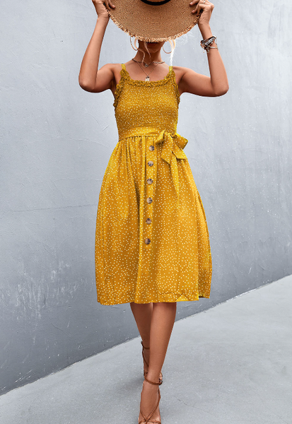 double-breasted polka-dot sling dress