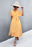 cross V-neck strap striped dress