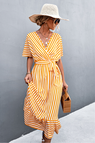 cross V-neck strap striped dress