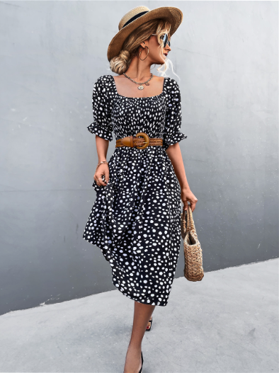 Square Collar Bubble Sleeve Little Dowling Dress