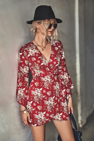 floral irregular flared sleeve dress