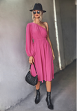 Solid color long-sleeved dress with sloping shoulders