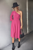 Solid color long-sleeved dress with sloping shoulders