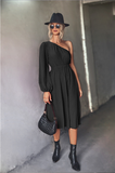 Solid color long-sleeved dress with sloping shoulders
