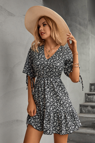 V neck waist stitching floral dress