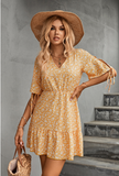 V neck waist stitching floral dress