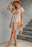 button V-neck positioning flower loose dress