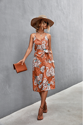 sexy suspender V-neck strap slit dress