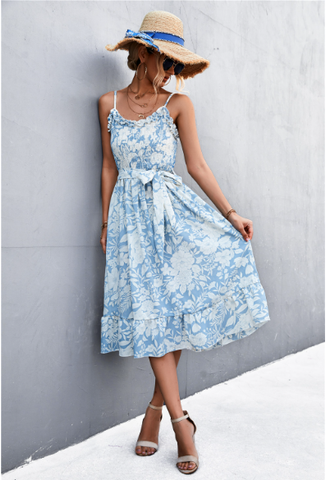 flounce strap printed sling dress