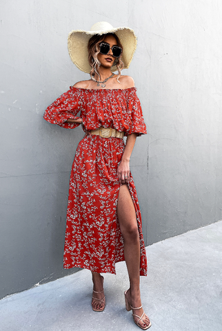 one-shoulder tube top split floral dress