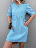 round neck button bubble sleeve dress
