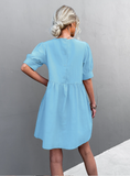 round neck button bubble sleeve dress