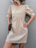 round neck button bubble sleeve dress