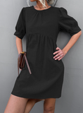 round neck button bubble sleeve dress