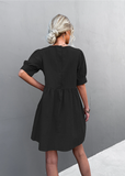 round neck button bubble sleeve dress