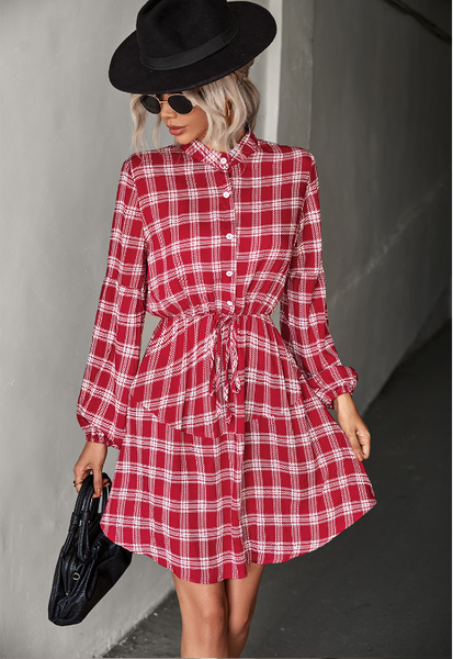 Checked Long Sleeve Shirt Dress