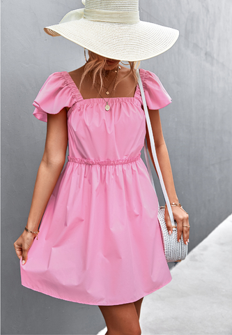 solid color lotus leaf sleeve square collar dress