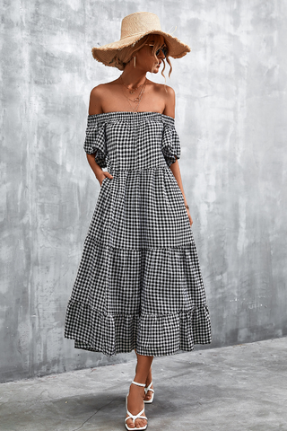 One-shoulder plaid dress with long skirt