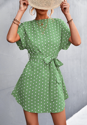 round neck solid color polka-dot dress