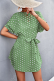 round neck solid color polka-dot dress