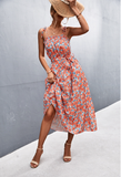 pleated floral medium and long dress