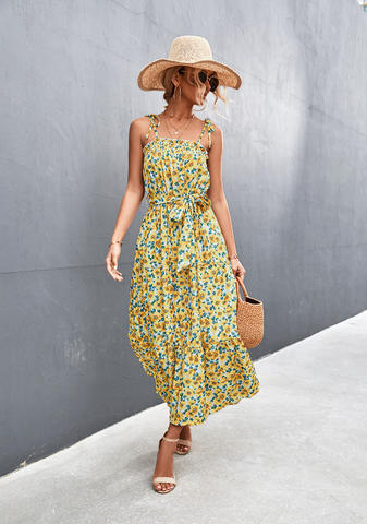 pleated floral medium and long dress
