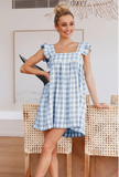 Plaid Square Collar Lotus Leaf Flying Sleeve Loose Dress