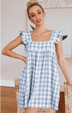 Plaid Square Collar Lotus Leaf Flying Sleeve Loose Dress